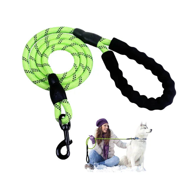 Green and black dog leash with a woman and dog on a white background