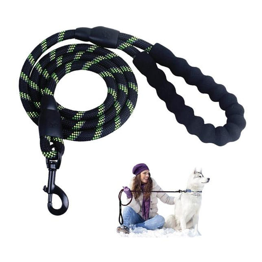 Black dog leash with green pattern held by a person sitting next to a white dog on a white background